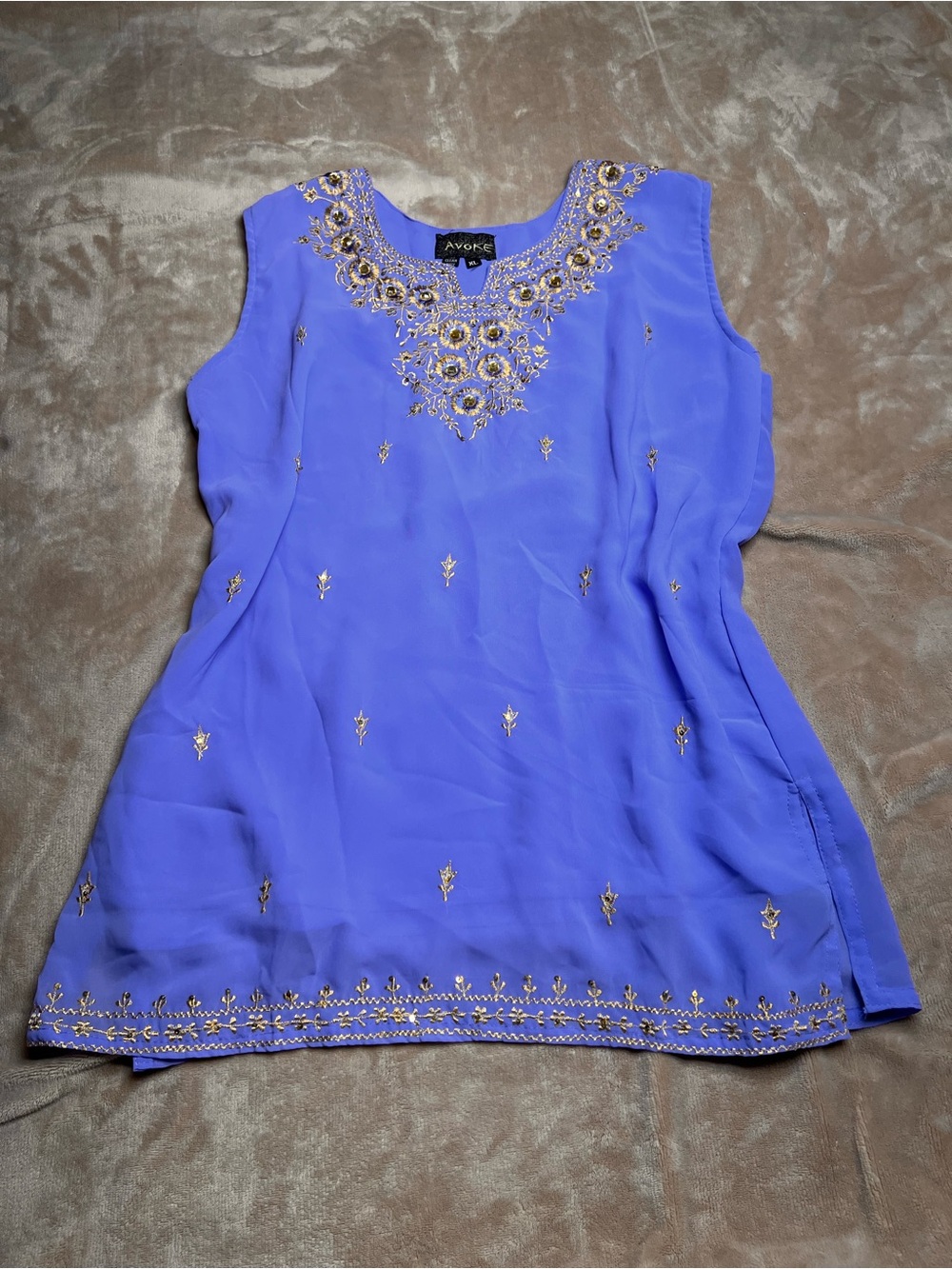 AVOKE Periwinkle Blue Indian Chiffon Flowy Top with Gold Embroidery - Size XL